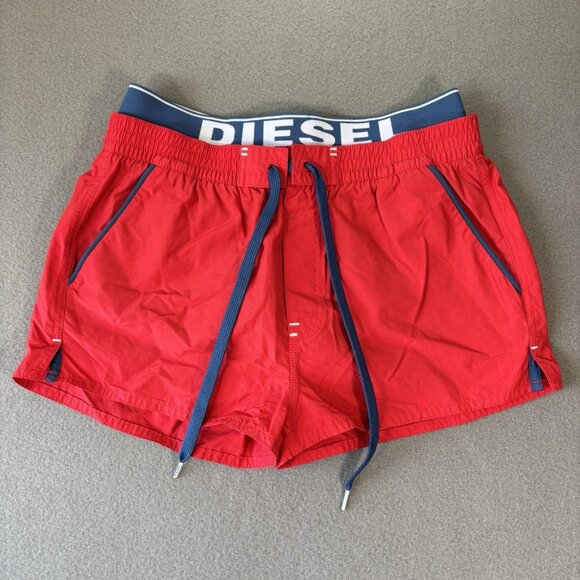 Diesel Beachwear Barrely Swim Trunks Mens S Red Logo Waist Drawstring Pockets - Picture 1 of 13